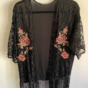 Black Lace‎ Kimono with Floral Embroidery and Fringe Boho Whimsigoth Western